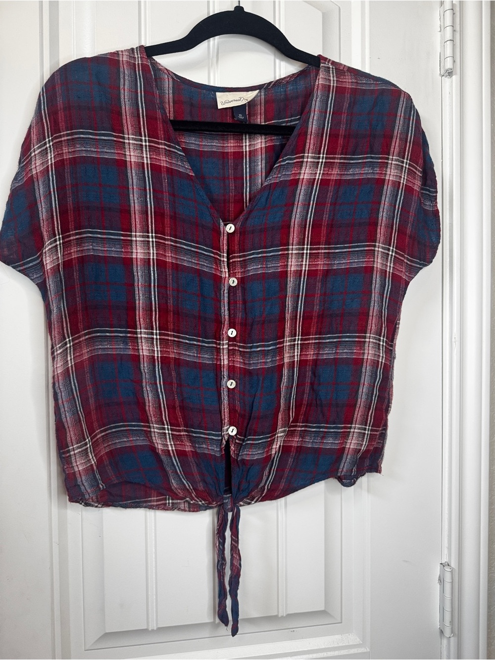 Plaid Button Up Top Red & Blue tie front